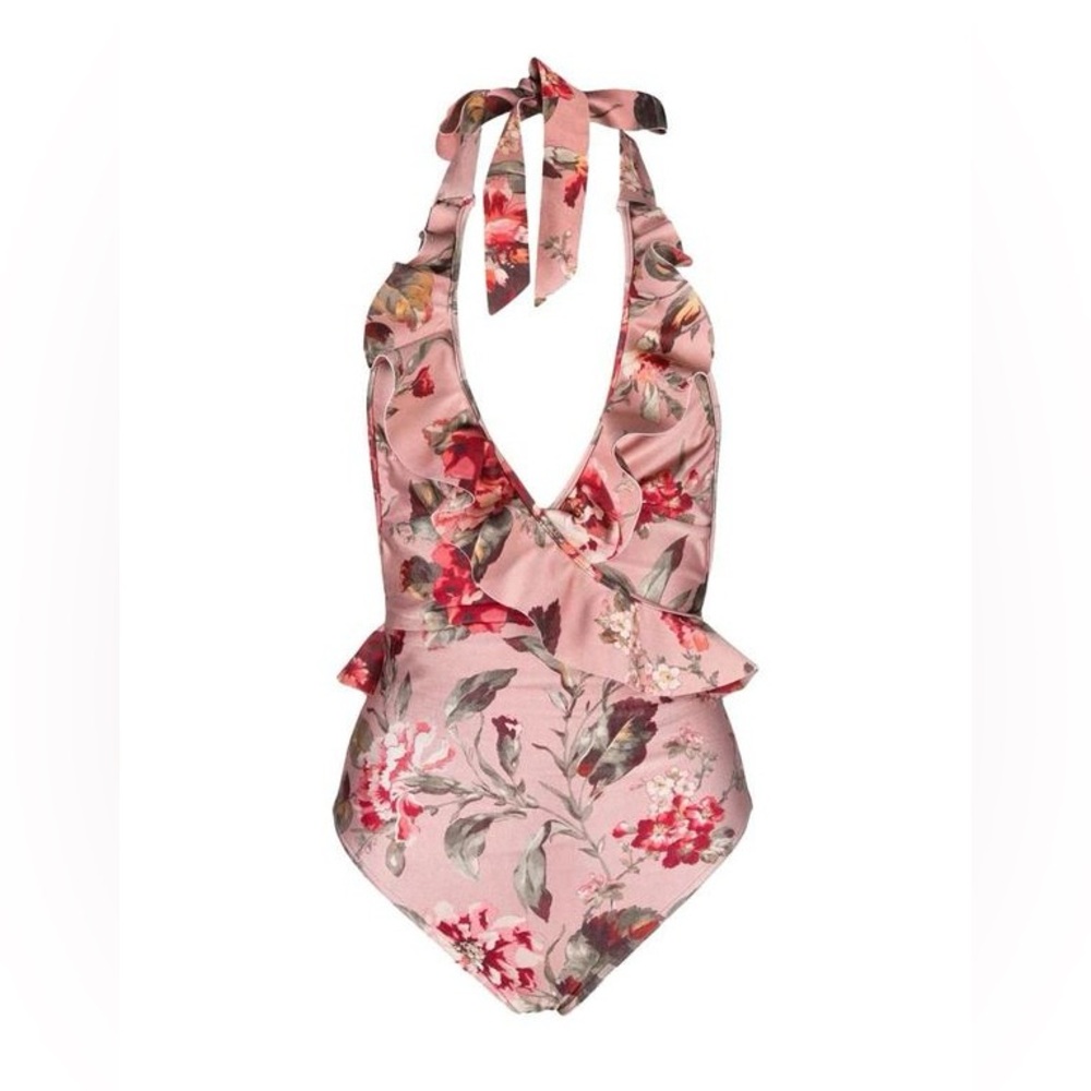 Zimmermann cassia Pink Floral Ruffle Halter One-Piece Swimsuit size 2-4